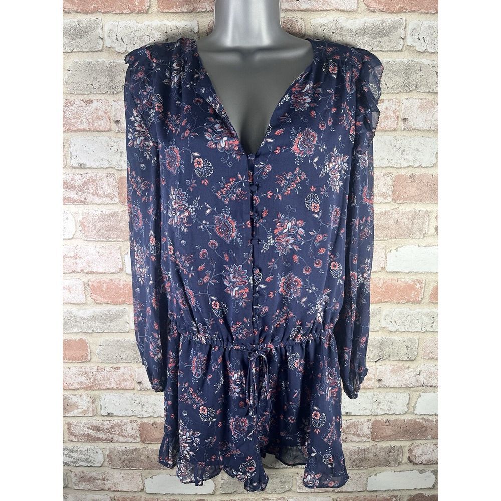 $190 Joie Women's Blue Cherita Printed Silk‎ Long Sleeve Romper Size XS